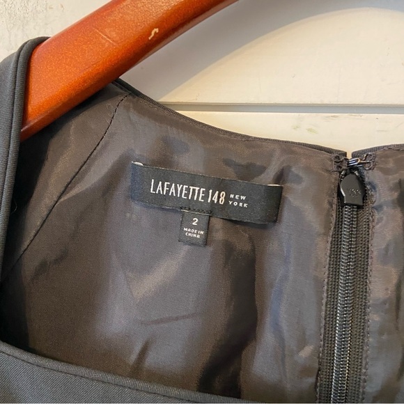 Lafayette 148 | Black Square Neck Short Sleeve Knee Length Virgin Wool Dress 2 - Picture 3 of 10